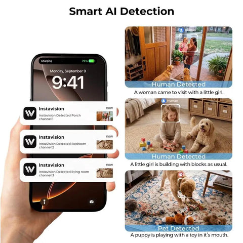 Crisp 2K Indoor Security Camera With Dual Band WiFi And Full Color Night Vision showing Smart AI Detection notifications on a smartphone.