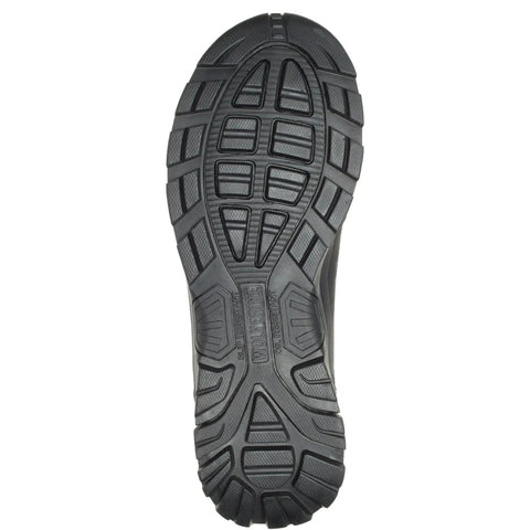 Sole view of Grayson Mid Steel Toe Waterproof Work Boot For Men, Black, Size 9 Medium, Lug Rubber Outsole, Cement Build