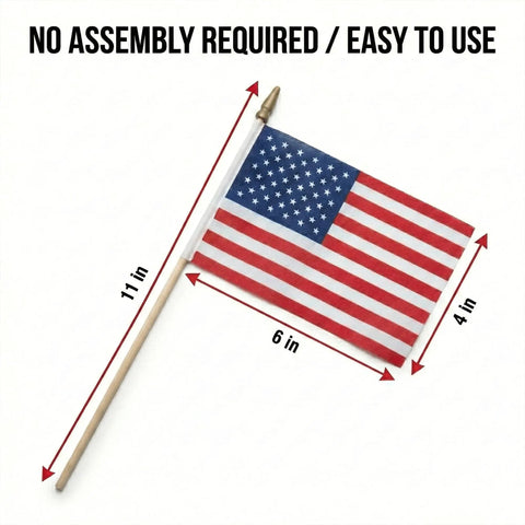 Bulk 100 Pack Handheld American Flags On Sticks 4x6 Inches For Memorial Day And Fourth Of July Decor with dimensions labeled