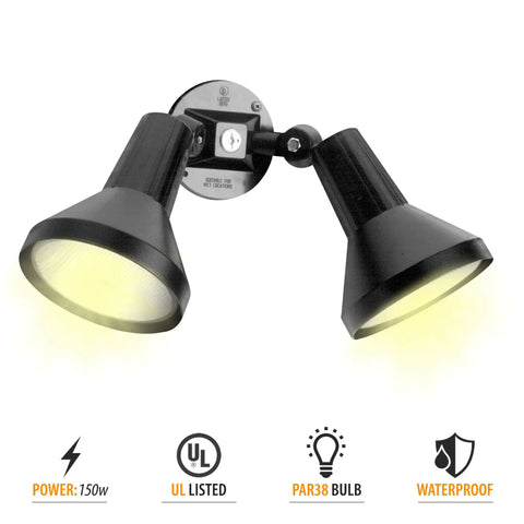 Two Pack Outdoor Security Flood Lights 150W PAR38 Heavy Duty Cast Aluminum Housing Weatherproof Black Finish Two Head Floodlight Set For Yard Porch Driveway Quick Install Durable Outdoor Lighting