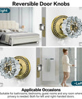 Front view of 3 Pack Crystal Glass Door Knobs with Privacy Lock in Antique Brass Finish for Vintage Interior Style Heavy Duty Zinc Alloy Plates Diamond Plum Flower Design installed on bedroom and bathroom doors.