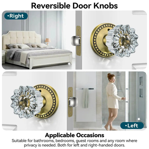 Front view of 3 Pack Crystal Glass Door Knobs with Privacy Lock in Antique Brass Finish for Vintage Interior Style Heavy Duty Zinc Alloy Plates Diamond Plum Flower Design installed on bedroom and bathroom doors.