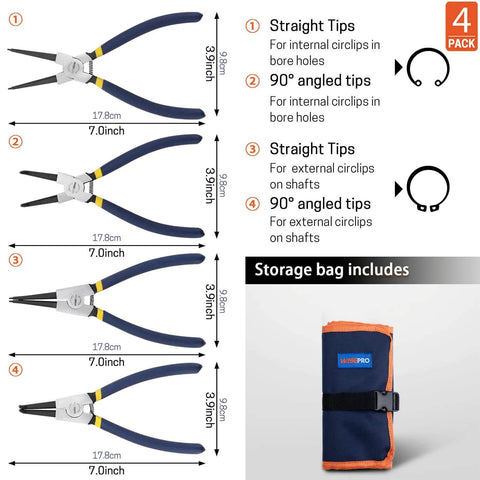 Snap Ring Pliers Set 7 Inch Heavy Duty External And Internal Circlip Pliers Kit With Straight And Bent Jaw Tips Includes Roll Up Pouch