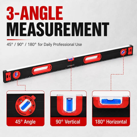 Professional Level Set, 3 Piece Aluminum Spirit Level Kit With 40",60",80" showing 3-angle measurement features for accurate leveling.