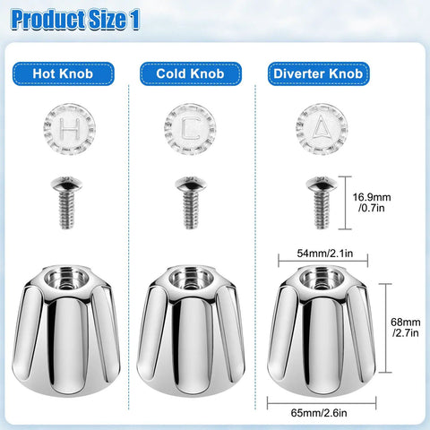 Three Piece Shower Knob Replacement Set With Bathtub Spout And Four In One Tub Adapter Kit, includes hot, cold, diverter knobs