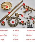 Top Shelf Antique Brass Shower System With Swivel Tub Spout And Adjustable Handheld Sprayer Featuring 8 Inch Rain Shower Head parts layout