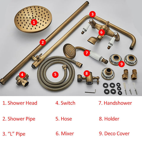 Top Shelf Antique Brass Shower System With Swivel Tub Spout And Adjustable Handheld Sprayer Featuring 8 Inch Rain Shower Head parts layout