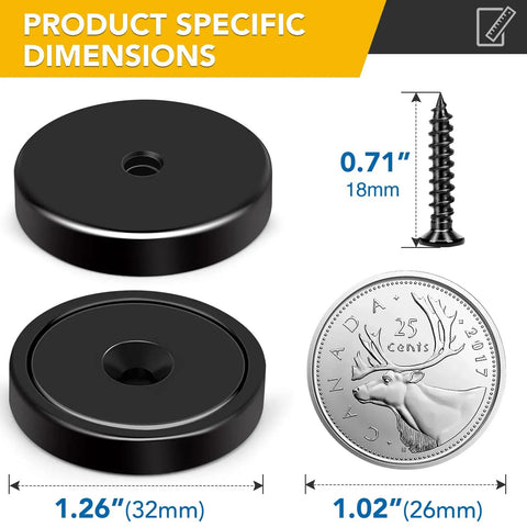 Neodymium Cup Magnets With Countersunk Holes And Stainless Screws, Heavy Duty Holding Up To 110 Lbs, size comparison with coin.