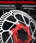Floating Disc Brake Rotor Set For MTB Road Bike And BMX 140mm 160mm 180mm 203mm With Six Bolts Red SUS410 Stainless Steel Rotors And Aluminum Base M5 Screws Durable Lightweight Performance showing SUS410 steel and aluminum base details.