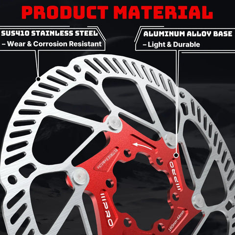 Floating Disc Brake Rotor Set For MTB Road Bike And BMX 140mm 160mm 180mm 203mm With Six Bolts Red SUS410 Stainless Steel Rotors And Aluminum Base M5 Screws Durable Lightweight Performance showing SUS410 steel and aluminum base details.