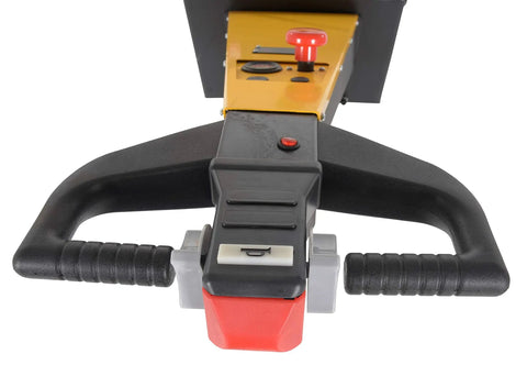 Close-up of Rock Heavy Duty Electric Powered Tugger 7k control handle with buttons for moving trailers and carts smoothly.