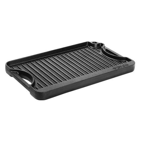 Reversible Cast Iron Grill And Griddle Pan Fourteen By Eight And A Half Inch Preseasoned Portable with ridged grill side visible