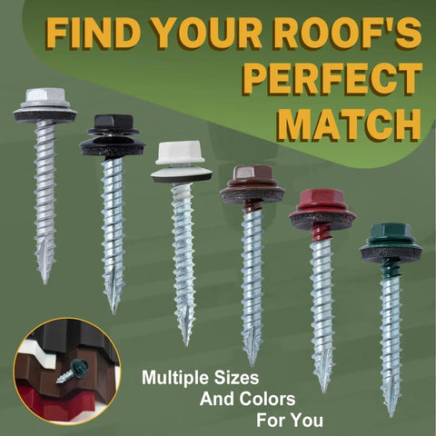 Top Shelf Badass Metal Roofing Screws Number 10 X 1 Inch 300 Pack With Rubber Washers in various colors and sizes.