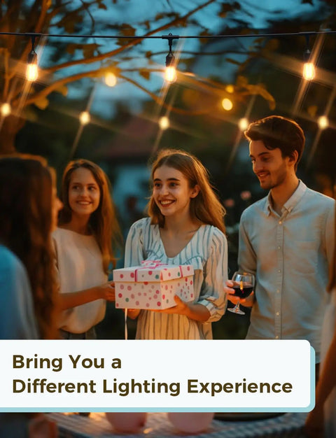 People enjoying Smart Outdoor String Lights 49Ft For Patio With App WiFi Control Alexa Ready Waterproof at night