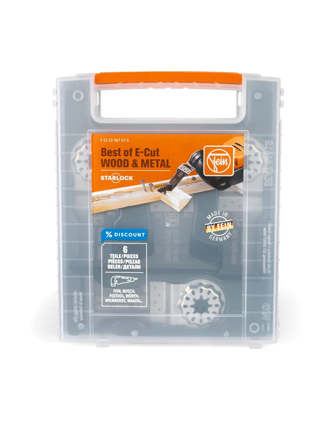 Fein Best of E-Cut Wood & Metal 6-piece blade set in clear plastic case with orange label