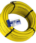 Built Tough As Nails 50 Foot Pneumatic Air Hose With 3 8 Inch Diameter And 250 Psi Rating Featuring Solid Brass Npt Fittings Grease Shedding Epdm Rubber Wrap For Serious Shop Hustles coiled with yellow rubber exterior.