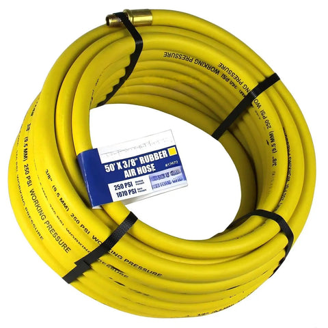Built Tough As Nails 50 Foot Pneumatic Air Hose With 3 8 Inch Diameter And 250 Psi Rating Featuring Solid Brass Npt Fittings Grease Shedding Epdm Rubber Wrap For Serious Shop Hustles coiled with yellow rubber exterior.