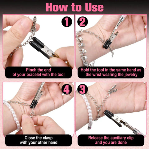Two Piece Bracelet Helper Tool Set With Quick Release Clasp Assist for easy wearing of bracelets and necklaces in use