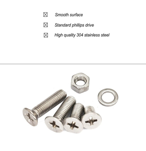 Close-up of stainless steel screws, hex nut, and washer from a 940Pcs M2 M3 M4 M5 Phillips Countersunk Flat Head Machine Screws Assortment Kit.