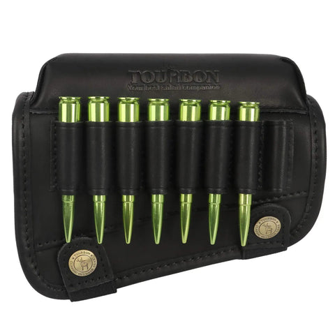 Genuine Leather Buttstock Cheek Rest With Rifle Shell Holder for Up to 8 Shells, adjustable straps and bottom closure.