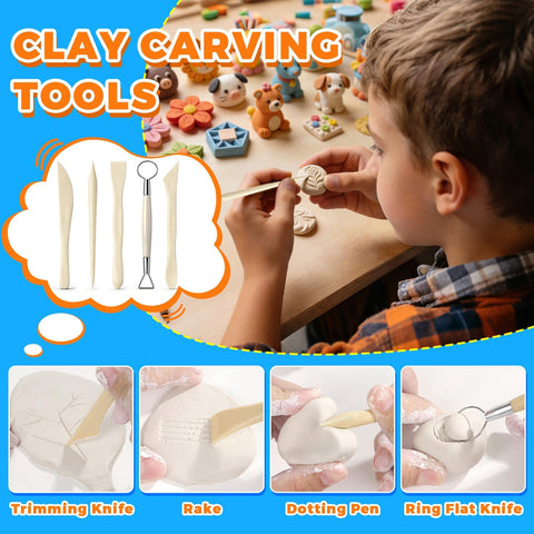 Child using Air Dry Clay Glaze And 25 Piece Tool Kit With Gloss Varnish Protectant To Prevent Cracking Scratching And Wear