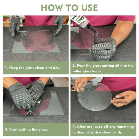 Steps to use Glass Cutting Oil For Cutters Pro Grade Lubricant for smooth cutting on glass sheets with roller knife application.