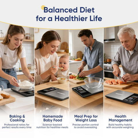 Digital Kitchen Scale With Nutrient Calculator And Bluetooth App Tracking 24 Nutrients For Meal Prep And Weight Loss Premium Stainless Steel Food Scale Supports Calorie And Macro Tracking In Grams And Ounces 11lb Capacity in use for baking, baby food, meal prep, and health management shown by various users.