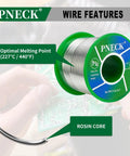 Lead Free Solder Wire Sn99.3 Cu0.7 With Rosin Core Flux for Easy Electrical Soldering 0.08 Inch 2.0 mm Thick 7.05 Oz 200 G Spool Tin Copper Alloy Safe For Health And Environment For DIY Electronics Makers with melting point and rosin core features visible
