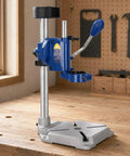 Drill Press Stand with Adjustable Depth Control and Vertical Support, Double Hole Aluminum Base on a wooden workbench.