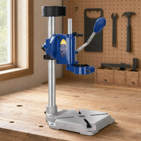 Drill Press Stand with Adjustable Depth Control and Vertical Support, Double Hole Aluminum Base on a wooden workbench.