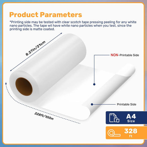 Pro Grade DTF Transfer Film Roll 8.3 Inch By 328 Ft A4 Double Sided Matte PET Film diagram showing size and sides