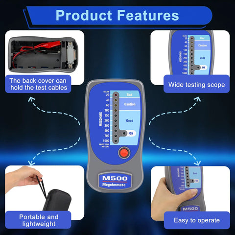 High Voltage Insulation Tester Megohmmeter Up To 1000 Megohms At 500 Volts For HVAC Pros Tough Impact Resistant Meter With Soft Case LED Zone Indicator Compatible With Supco M500 Ideal For Compressor And Motor Windings showing M500 meter and case