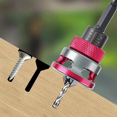 Five Piece Countersink Drill Bit Set With Auto Depth Stop And Pilot Drill One Quarter Inch Hex Shank Tungsten Carbide Two Flute Bits In 2.8 3.2 3.5 And 4 Millimeters Built For DIY Woodworking And Metalworking Projects For Pros shown in use on wood