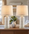 Rustic Ceramic Table Lamps Set Of 2 With 3 Way Dimmable Lighting, Dual USB Ports, Linen Fabric Shade, LED Bulbs Included on table