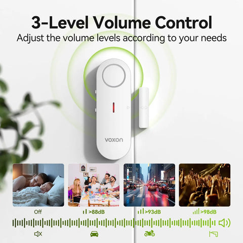 Two Pack Kid Safe Home Door Alarm System With 2 In 1 Chime And Alarm Three Level Volume Control Loud 98 Decibel Alerts For Doors Windows Rooms Garage RVs Pool House white sensor on door with 3-level volume control