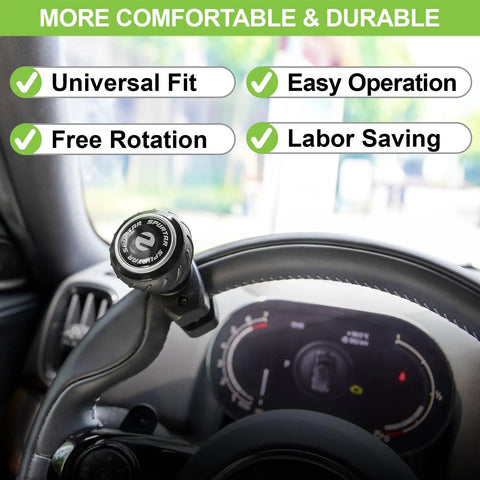 Universal Steering Wheel Knob Power Handle Spinner for cars and trucks installed on steering wheel inside vehicle, black non-slip grip.