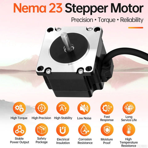 Nema 23 stepper motor, silver faceplate, black body, 57×41mm, bipolar, 2.0A, 0.72Nm torque, 4‑wire, 1m cable