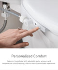 Hand adjusting controls on elongated electric bidet toilet seat no fuss with dual nozzles for front and rear cleaning