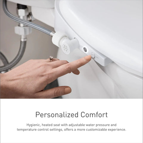 Hand adjusting controls on elongated electric bidet toilet seat no fuss with dual nozzles for front and rear cleaning