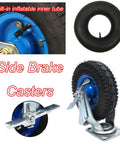 Heavy Duty Pneumatic Swivel Casters With Inflatable Rubber Tires And Quick Side Brakes to Roll Storage Drawers or Bench Tables, showing tire and brake