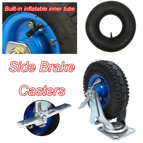 Heavy Duty Pneumatic Swivel Casters With Inflatable Rubber Tires And Quick Side Brakes to Roll Storage Drawers or Bench Tables, showing tire and brake