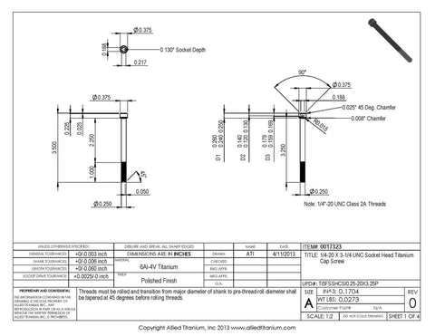 Detailed technical drawing of Pack Of Three 1/4-20 By 3-1/4 Inch Ti-6Al-4V Titanium Socket Head Cap Screws.
