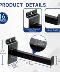 16 Pack Heavy Duty Tube Slatwall Shelf Brackets With Lip For Garage, Retail Or Home Storage, showing black bracket with dimensions.