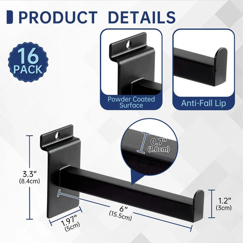 16 Pack Heavy Duty Tube Slatwall Shelf Brackets With Lip For Garage, Retail Or Home Storage, showing black bracket with dimensions.