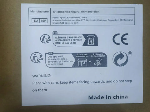 Product label with manufacturer information, warning symbols, EU representative details, and "Made in China" text.