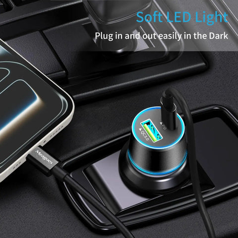 45W PD USB C Car Charger With QC3 Dual 12V Lighter Ports And Three Foot Type C Cable with LED light
