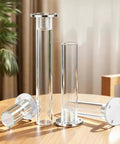 Adjustable Transparent Acrylic Furniture Legs Set for Cabinets, Coffee Tables, End Tables, and Beds displayed on wooden surface.