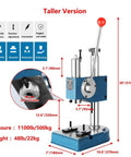 Straight Up Heavy Duty Benchtop Spring Loaded Manual Arbor Press Featuring Rock Solid Steel Build For Industrial Stamping Bearing Install And Press Fit Tasks with detailed measurements and labels.