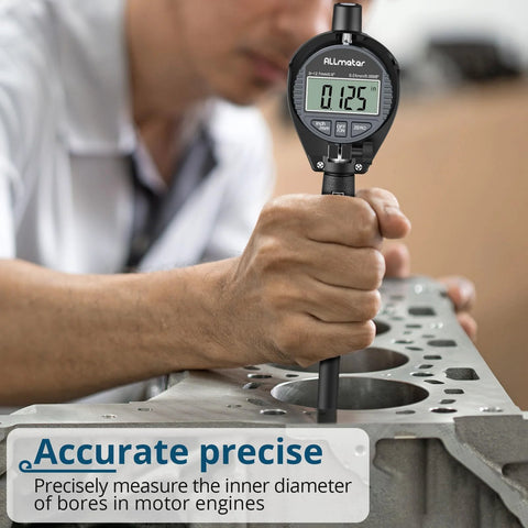 ALLmeter dial bore gauge with digital display for engine cylinder bore measurement; handheld black tool.