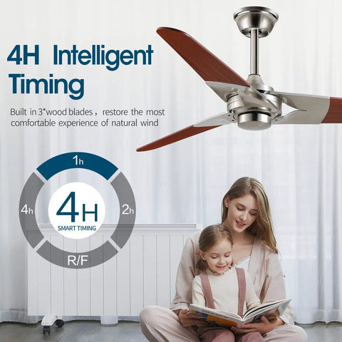 52 Inch Modern Wood Ceiling Fan Without Light For Indoor Outdoor Use, Reversible Blade Orientation, Remote Control With Timer, No Lights, Brushed Nickel Finish, Ideal For Patio, Living Room, Kitchen And Covered Outdoor Spaces